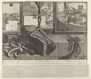 Konstrüksiyon için traverten ve mermer blokları yükseltme tekniğini gösteren gösteri panosu, 1756. by Giovanni Battista Piranesi