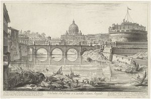 Engelenbrug tr Engelenburcht te Roma Ponte ve Castello Sant'Angelo'nun Görünümü (nesne üzerindeki başlık) Gezichten op Rome (dizi başlığı) Giambattista Piranesi mimarı Ve (nez) iano (seri başlığı) tarafından tasarlanan ve oyulan Roma manzaraları by Giovanni Battista Piranesi