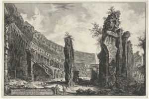 Interieur van het Colosseum te Rome Colosseum olarak bilinen Flavian Amfitiyatrosu'nun iç görünümü (nesne üzerindeki başlık) Gezichten op Rome (dizi başlığı) Giambattista Piranesi mimarı Ve (nez) iano (dizi başlığı) tarafından tasarlanmış ve oyulmuş Ro by Giovanni Battista Piranesi