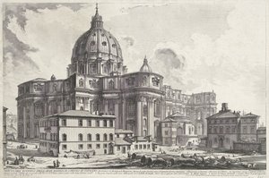 Sint-Pietersbasiliek vanaf Piazza della Sacrestia Vatikan'daki büyük Aziz Petrus Bazilikası'nın dış görünümü (nesne üzerindeki başlık) Gezichten op Rome (dizi başlığı) Giambattista Piranesi mimar Ve (nez) iano (ser) tarafından tasarlanmış ve oyulmu by Giovanni Battista Piranesi