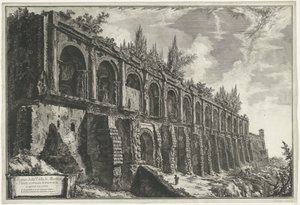Tempel van Hercules Victor te Tivoli Tivoli'de travertenlerden inşa edilmiş Villa di Maecenate'in kalıntıları, belirsiz bir eserle (nesne üzerindeki başlık) Gezichten op Rome (seri başlığı) Giambattista Piranesi mimar Ve (nez) iano tarafından tasar by Giovanni Battista Piranesi
