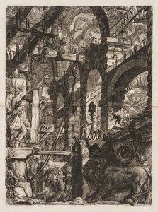 Hapishaneler: Ön Planda Taş Levhalar Üzerine Rölyef Oyulmuş İki Aslan ile Roma Kemerlerine Bir Bakış by Giovanni Battista Piranesi