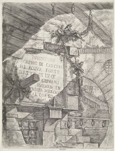 Zindanda yüz ve duvarda başlık ile başlık baskısı Zindanlar (dizi adı) Invenzioni Capric di Carceri all Acqua Forte (nesne üzerinde seri başlığı) by Giovanni Battista Piranesi