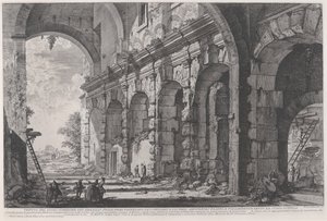 İmparator Domitian tarafından inşa edilen, Flavian Amfitiyatrosu ile ilişkilendirilen ve genellikle Curia Hostilia olarak adlandırılan Vahşi Hayvanlar Kafeslerinin üst katının görünümü, c.1760-1778 (gravür) by Giovanni Battista Piranesi
