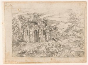 Karyatidler ile antik tapınak ile manzara by Giovanni Battista Pittoni (I) (attributed to)