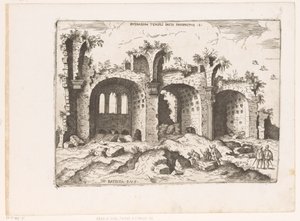 Gezicht op de Basilica van Maxentius te Roma Ruinarum Barış Tapınağı Prospektüsü (nesne üzerindeki başlık) Romeinse Ruïnes (dizi başlığı) Antik Roma Dönemi Harabe Anıtları Üzerine Notlar (...) (dizi başlığı)