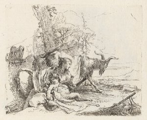 Vari capricci'den (Çeşitli Capriccios) Küçük Satyr ve İki Keçili Bir Peri by Giovanni Battista Tiepolo