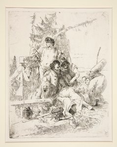 Punchinello, Scherzi di Fantasia dizisinden iki sihirbazla konuşuyor by Giovanni-Battista Tiepolo
