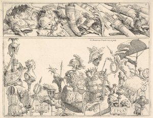 Roma silahları, standartları ve kupaları, iki yatay gruba bölünmüş bir kompozisyon, 1774. by Giovanni Battista Tiepolo