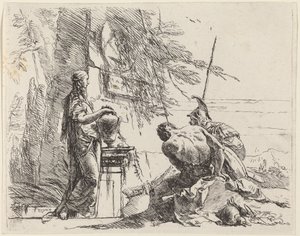 Bir Dikilitaşın Önünde Duran Kadın ve Oturan Erkekler by Giovanni Battista Tiepolo