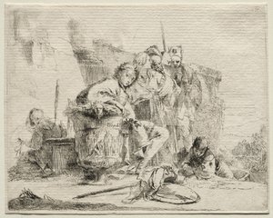 Çeşitli Kaprisler: Oturan, Bir Vazoya Yaslanmış Genç Adam. by Giovanni Battista Tiepolo