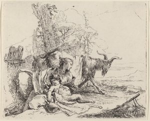 Manzarada Kadın, Satyr Çocuk ve Keçi by Giovanni Battista Tiepolo