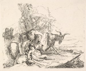 Bir manzarada kadın ve bebek satir, sol ayağına bakmak için dönen kadın..., ca. 1740-42. by Giovanni Battista Tiepolo