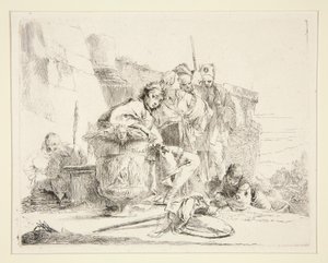 Vari Capricci dizisinden Oturan ve Bir Vazoya Yaslanmış Genç Adam by Giovanni-Battista Tiepolo