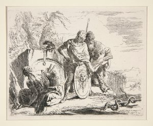 Filozoflu Genç Asker ve Oturan Kadın, Vari Capricci dizisinden by Giovanni Battista Tiepolo