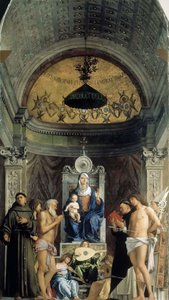Madonna ve Çocuk, müzikal melekler ve Aziz Francis, Vaftizci Yahya, Job, Dominic..., yaklaşık 1487 by Giovanni Bellini