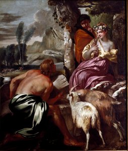 Jacob, Rachel ile kuyuda buluşuyor. Resim Giovanni Benedetto Castiglione dit il Grechetto (1610-1665) 17. yüzyıl Genleri, özel koleksiyon by Giovanni Benedetto Castiglione