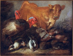Hayvanlar üzerinde çalışma İnek, hindi, tavşan, Tablo Giovanni Benedetto Castiglione dit il Grechetto (1610-1665) Dim.30x38.5 cm Genler, Musei di Strada Nuova by Giovanni Benedetto Castiglione