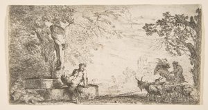 Priapus heykelinin dibinde yatan bir satir, sağda keçiler, yakl. 1645-48. by Giovanni Benedetto Castiglione