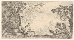 Priapus heykelinin dibinde yatan bir satir, sağda keçiler, yakl. 1645-48. by Giovanni Benedetto Castiglione