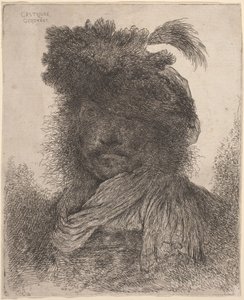 Yüzü Gölgeli, Atkı ve Tüylü Şapka Takan Sakallı Adam by Giovanni Benedetto Castiglione