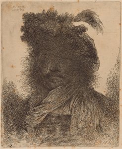 Yüzü Gölgeli, Atkı ve Tüylü Şapka Takan Sakallı Adam by Giovanni Benedetto Castiglione