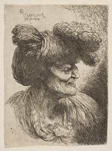 Küçük Kafa serisinden sağa bakan profilde sakalsız yaşlı adam büstü..., yakl. 1645-1650. by Giovanni Benedetto Castiglione