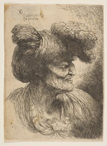 Küçük Başlar serisinden sağa bakan profilde sakalsız yaşlı adam büstü ..., yakl. 1645-50. by Giovanni Benedetto Castiglione
