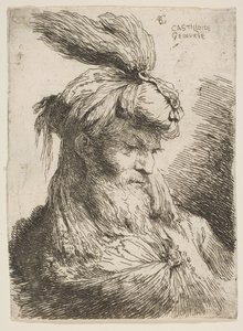 Küçük Başlar serisinden türbanı sağa bakan sakallı bir adamın başı..., ca. 1645-1650. by Giovanni Benedetto Castiglione