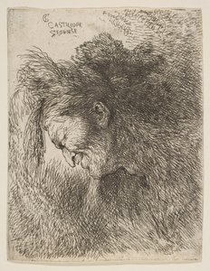 Küçük Başlar serisinden aşağı bakan, sola bakan yaşlı bir adamın başı ..., ca. 1645-1650. by Giovanni Benedetto Castiglione