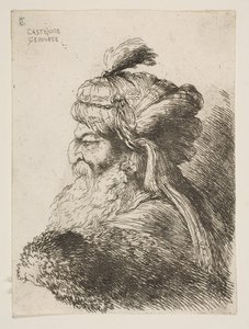 Sola bakan türbanlı yaşlı bir adamın başı, Küçük Başlar dizisinden ..., yaklaşık. 1645-1650. by Giovanni Benedetto Castiglione