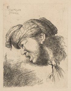 Türban takan, boynuna kravat takan, yüzü sola dönük, diziden ..., yakl. 1645-50. by Giovanni Benedetto Castiglione