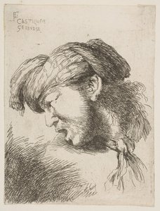 Türban takan, boynuna kravat takan, yüzü sola dönük,..., 1645-1650 serisinden adam. by Giovanni Benedetto Castiglione