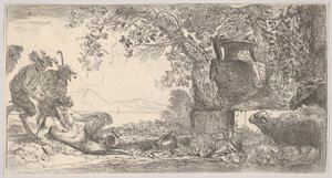 Solda ayakta duran iki satir ile uzanmış tava, sağda bir kaide üzerinde büyük bir vazo, yakl. 1645. by Giovanni Benedetto Castiglione