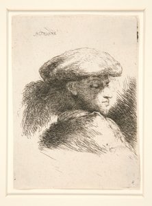 Genç adam neredeyse tam profilde görüldü ve sağa döndü. Les petites tetes d dizisinden by Giovanni Benedetto Castiglione