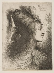 Küçük Başlar dizisinden, yüzü sağa dönük, tüylü bir sarık takan genç adam ..., yakl. 1645-1650. by Giovanni Benedetto Castiglione
