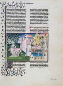 Gabriotto, Andreuola'nın kollarında ölür, Andreuola cesedini eve getirir ve tutuklanır, Andreuola masum ilan edilir ve bir rahibe olur, Giovanni Boccaccio'nun (1313-1375) yazdığı The Decameron, Fourth day, Sixth story'nin minyatürü