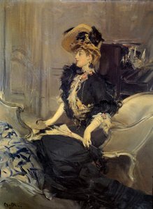 Belle Epoque: “”ziyaret””” Abiye elbiseli zarif genç kadın. Giovanni Boldini