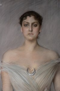 Eldivenli ve fanlı beyazlı bir bayanın portresi, detay by Giovanni Boldini