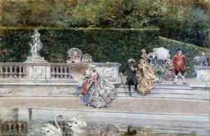 Giovanni Boldini (1842-1931) tarafından on sekizinci yüzyıl kıyafetleri giymiş insanlarla Versay bahçesinin görünümü, panel üzerine yağlı boya