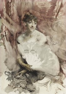 Bir tiyatro kutusunda oturan yelpazeli kadın Rasti Kontesi, yaklaşık 1878 by Giovanni Boldini