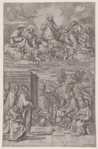 Din adamları bir manzara yazısında, diğerleri yukarıdaki göksel alemde, c1650. by Giovanni Cesare Testa