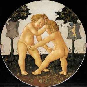 Putti çalma, doğum tepsisinin arkasından detay (yuvarlak resim), yaklaşık 1450, Giovanni di Ser Giovanni, Lo Scheggia (1406-1486), ahşap üzerine tempera