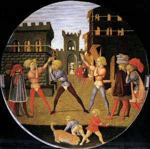 civettino adlı oyun, doğum tepsisinin önünden detay (yuvarlak resim), yaklaşık 1450, Giovanni di Ser Giovanni tarafından Lo Scheggia (1406-1486), ahşap üzerine tempera