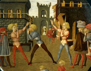 civettino adlı oyun, doğum tepsisinin önünden detay (yuvarlak resim), yaklaşık 1450, Giovanni di Ser Giovanni tarafından Lo Scheggia (1406-1486), ahşap üzerine tempera