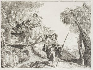 Orman Yolundan İnen Kutsal Aile, Bir Sürü ve Bazı Çobanların Yanında, Mısır'a Uçuştan 21. plaka by Giovanni Domenico Tiepolo