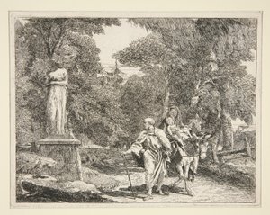 Bir Heykelin Yanından Geçen Kutsal Aile, Egitto'daki Idee pittoresche sopra la fuga dizisinden (Mısır'a Uçuş) by Giovanni Domenico Tiepolo