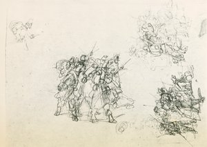 Asker grupları için üç eskiz (kara kalem) by Giovanni Fattori