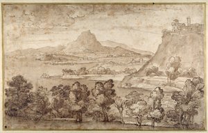 Bir tepe kasabası ve daha uzaktaki bir dağ ile manzara (beyaz kağıt üzerinde kahverengi astarlı kalem ve kahverengi mürekkep) by Giovanni Francesco Grimaldi