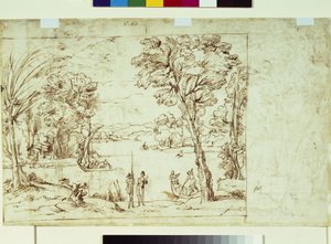 Nehir kıyısındaki figürlerle manzara (kağıt üzerinde kalem ve mürekkep) by Giovanni Francesco Grimaldi